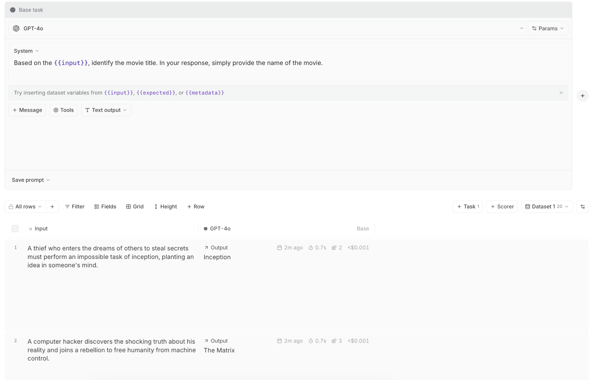 Playground interface for prompt iteration