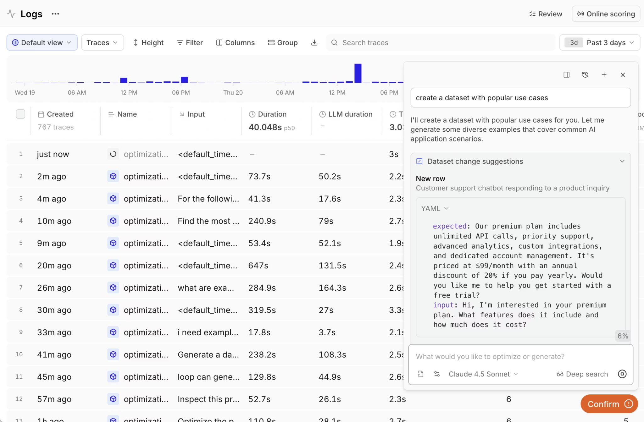 Braintrust Logs view with Loop AI assistant generating evaluation dataset cases from production traces